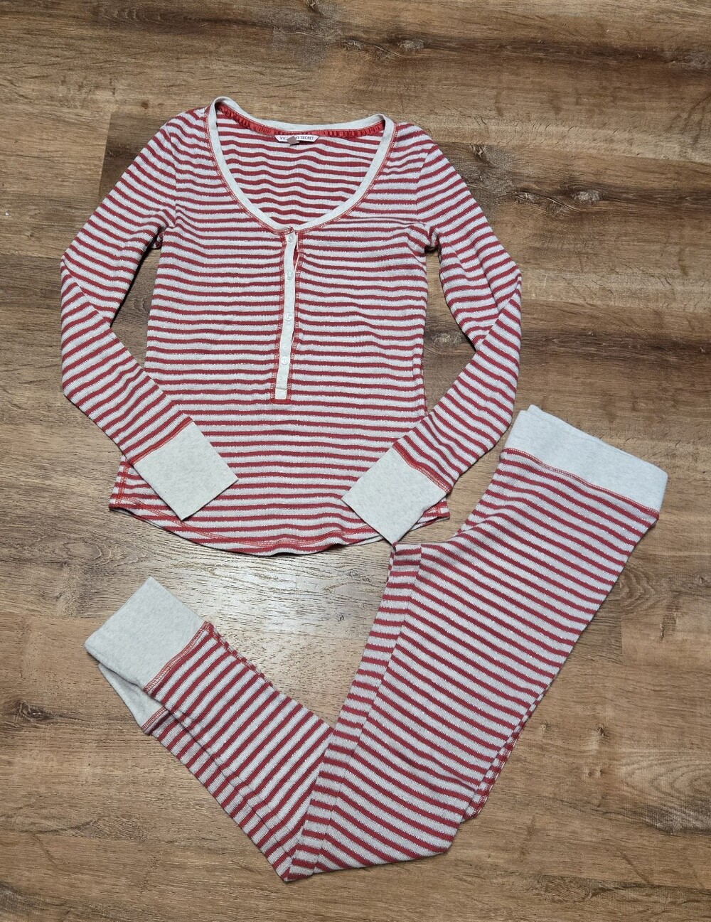 Victoria's Secret Red and Cream Striped Henley Pajama Set Cotton Blend Small